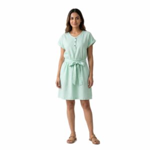 Linen Button-Front A-Line Shift Dress with Waist-Defining Self-Tie Belt