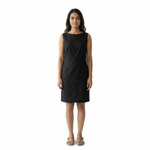 Sleeveless Linen Sheath Dress with Front Box Pleat and Side Pockets