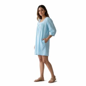 Square-Neck Puff Sleeve Linen Shift Dress with Pleated Bodice