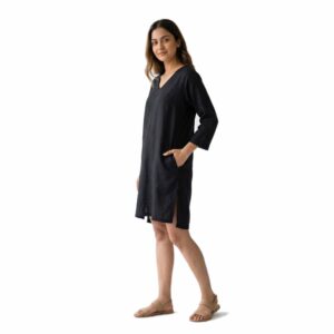 Effortless V-Neck Linen Tunic Dress with Side Slit Detail