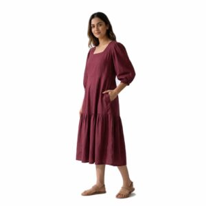 Square Neck Tiered Midi Dress with Puff Sleeves