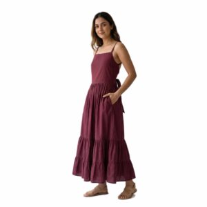 Backless Tiered Linen Maxi Dress with Lattice Cross-Strap Detail