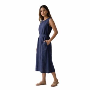 Open-Back Midi Linen Dress with Adjustable Sash Tie
