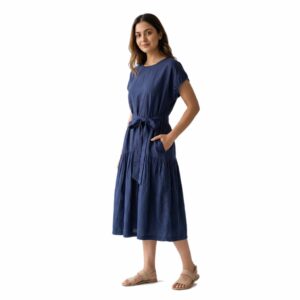 Pure Linen Belted Tiered Midi Dress