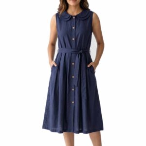Vintage Peter Pan Collar Sleeveless Linen Pleated Midi Dress with Waist Tie