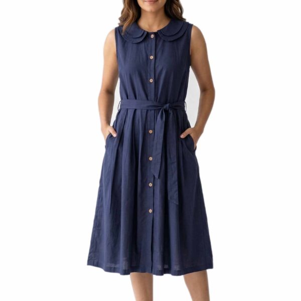 Vintage Peter Pan Collar Sleeveless Linen Pleated Midi Dress with Waist Tie