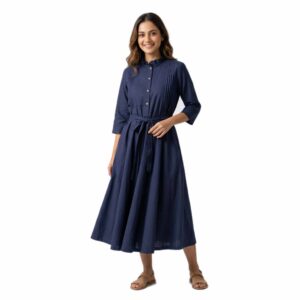 Linen Pintuck Fit-and-Flare Midi Dress