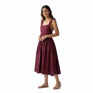 Ruffled Cross-Back A-Line Midi Dress in Pure Linen