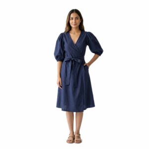 Puff Sleeve Linen Midi Wrap Dress