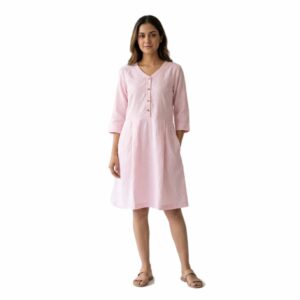 The Classic Button-Front Pleated V-Neck Linen Dress