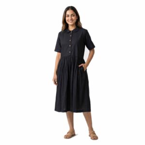 Hand-Gathered Linen Midi Dress with Peter Pan Collar
