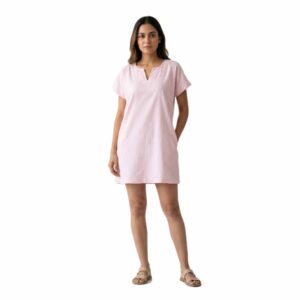 Linen Shift Dress with Notched V-Neck and Side Pockets