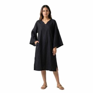 V-Neck Kaftan Dress with Wide Kimono Sleeves in Pure Organic Linen