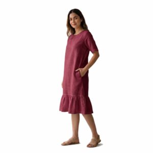 Subtle Cross-Hatch Textured Linen Midi Dress with Ruffled Hem