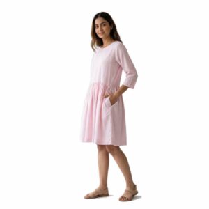 Gathered Waist Linen Fit-and-Flare Dress with 3/4 Sleeves and Side Pockets