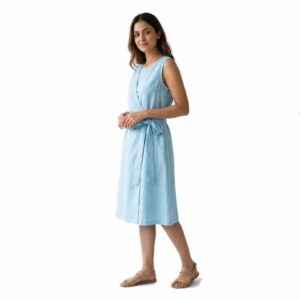 Sleeveless Linen Faux-Wrap Midi Dress with Self-Tie Waist