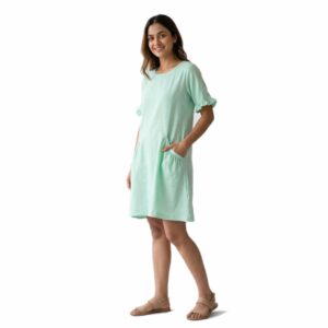 Pure Linen Ruffle-Sleeve Shift Dress with Pleated Pocket Detail