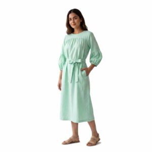 The Gathering Mist: Pleated Bodice Linen Midi with Balloon Sleeves