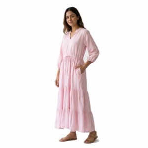 Bohemian Tiered Maxi Dress in Organic Linen with Drawstring Waist