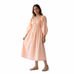 Smocked Empire Waist Linen Midi Dress with Puff Sleeves