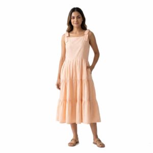 Tiered Midi Linen Dress with Knot Shoulder Straps
