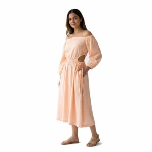 Off-Shoulder Linen Midi Dress with Side Waist Cut-Out and Puff Sleeves
