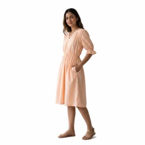 Smocked Puff-Sleeve Linen Midi Dress with Empire Waist
