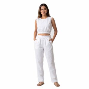 Textured Linen Crosshatch Crop Top & Paperbag Waist Trouser Set