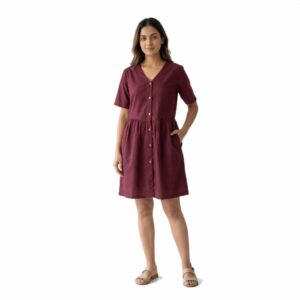 V-Neck Button-Front Gathered Linen Dress